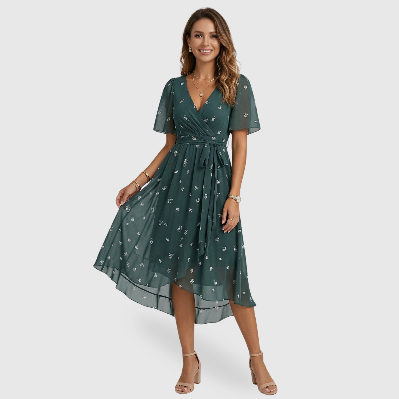 Robe midi femme fleurie col V manches courtes coupe évasée