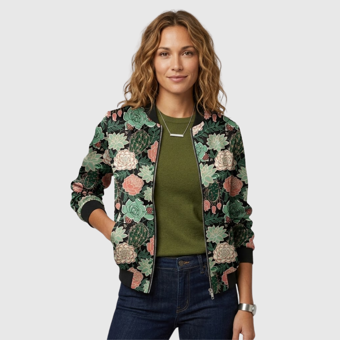 Blouson bomber femme imprimé floral fermeture zippée manches longues