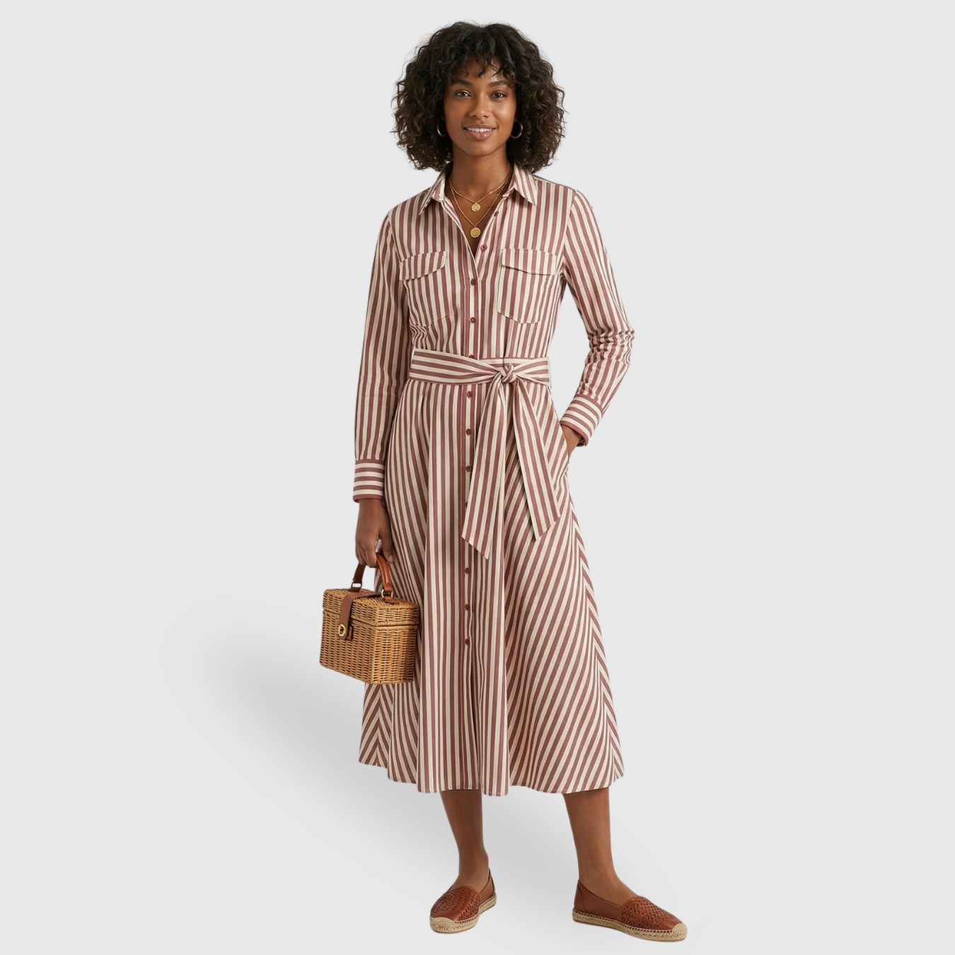 Robe chemise femme à rayures manches longues ceinturée col boutonné coupe fluide
