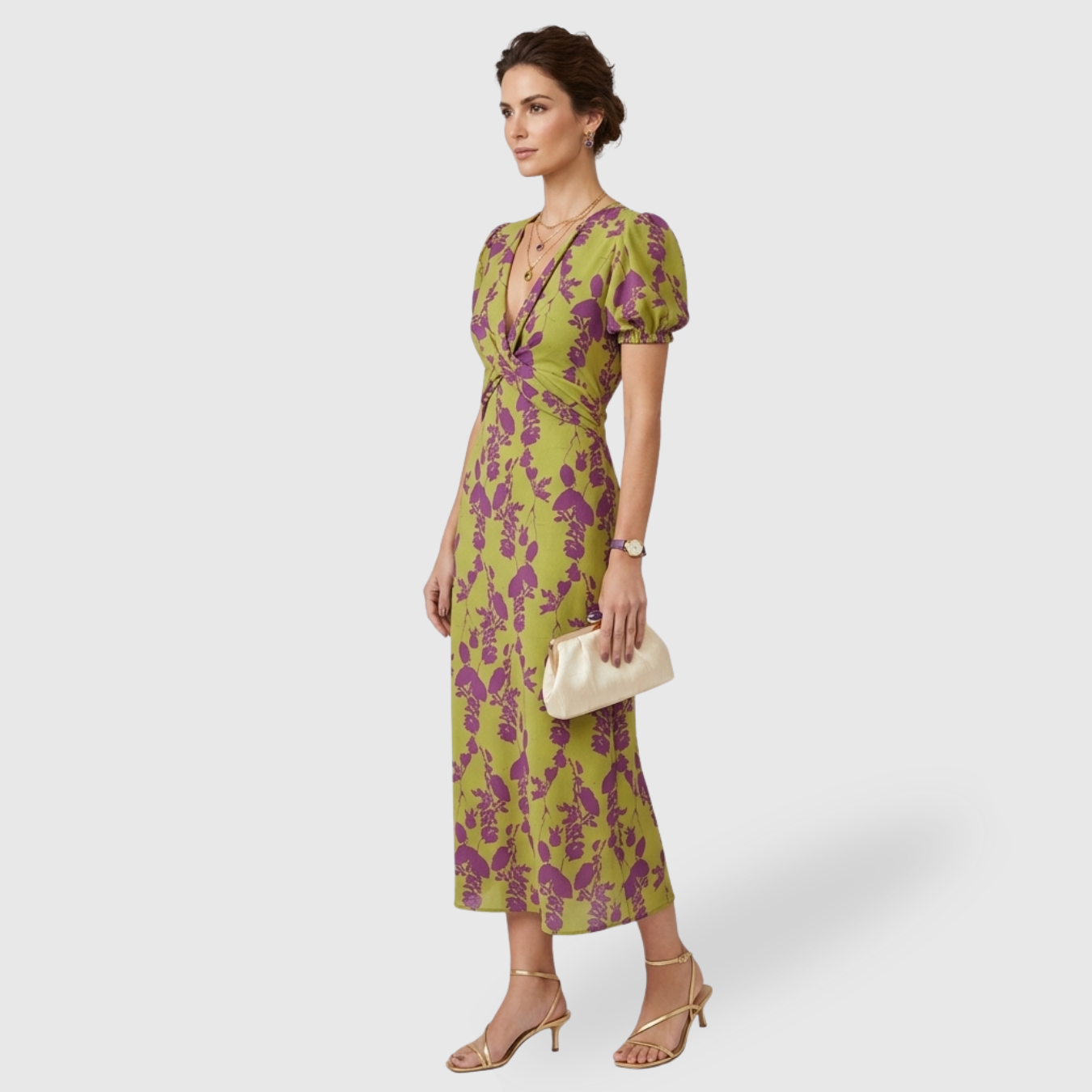 Robe longue femme fluide manches courtes col V taille ajustée été