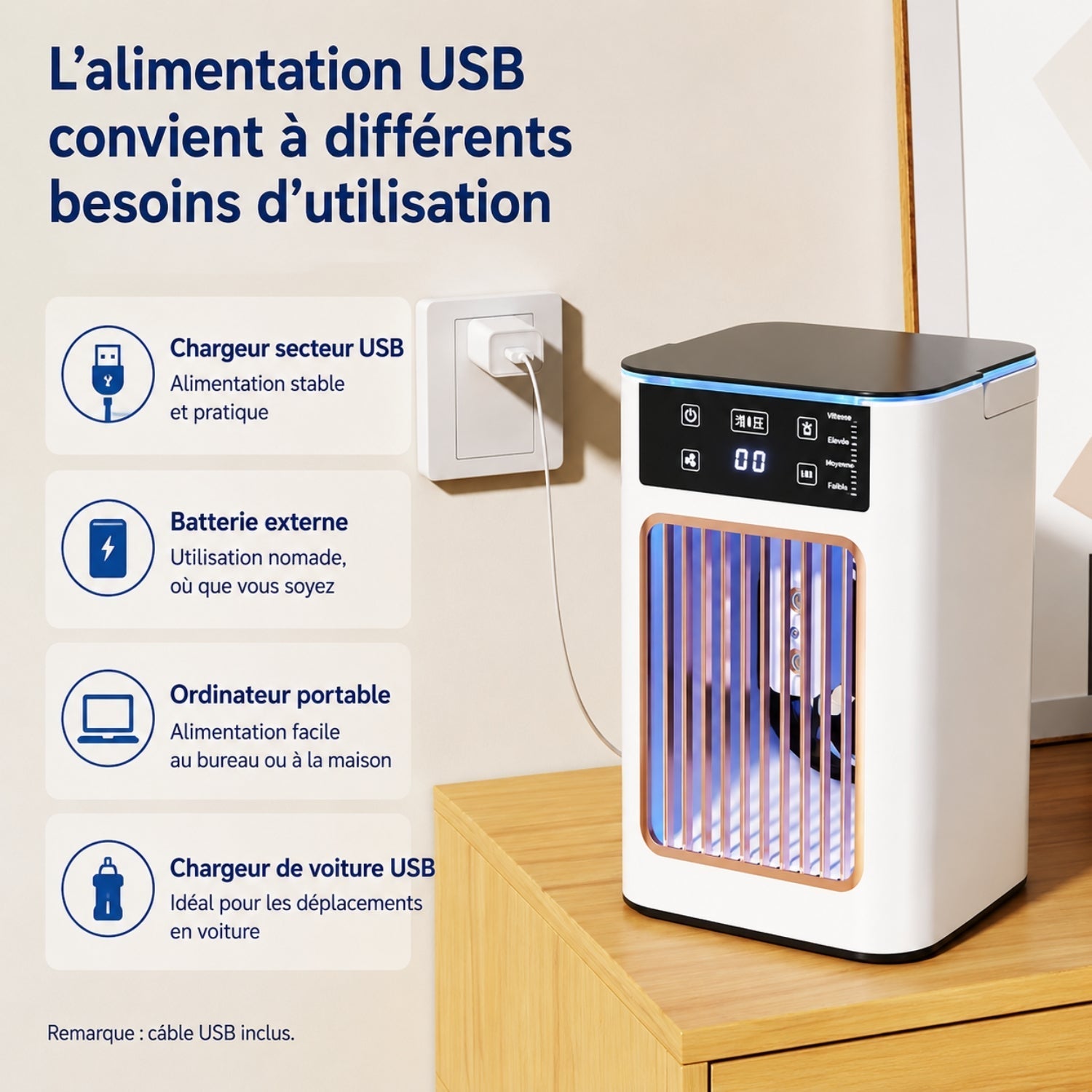 Rafraîchisseur d'Air USB Silencieux avec Brumisation – Ventilateur de Bureau Compact