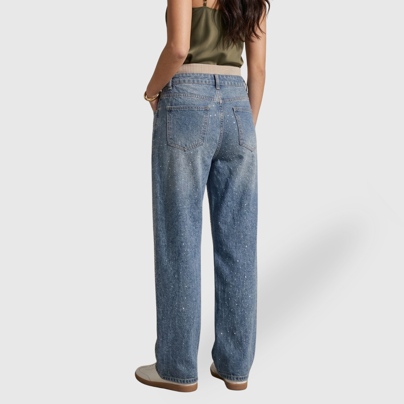 Jean large femme taille haute coupe oversize denim effet brillant