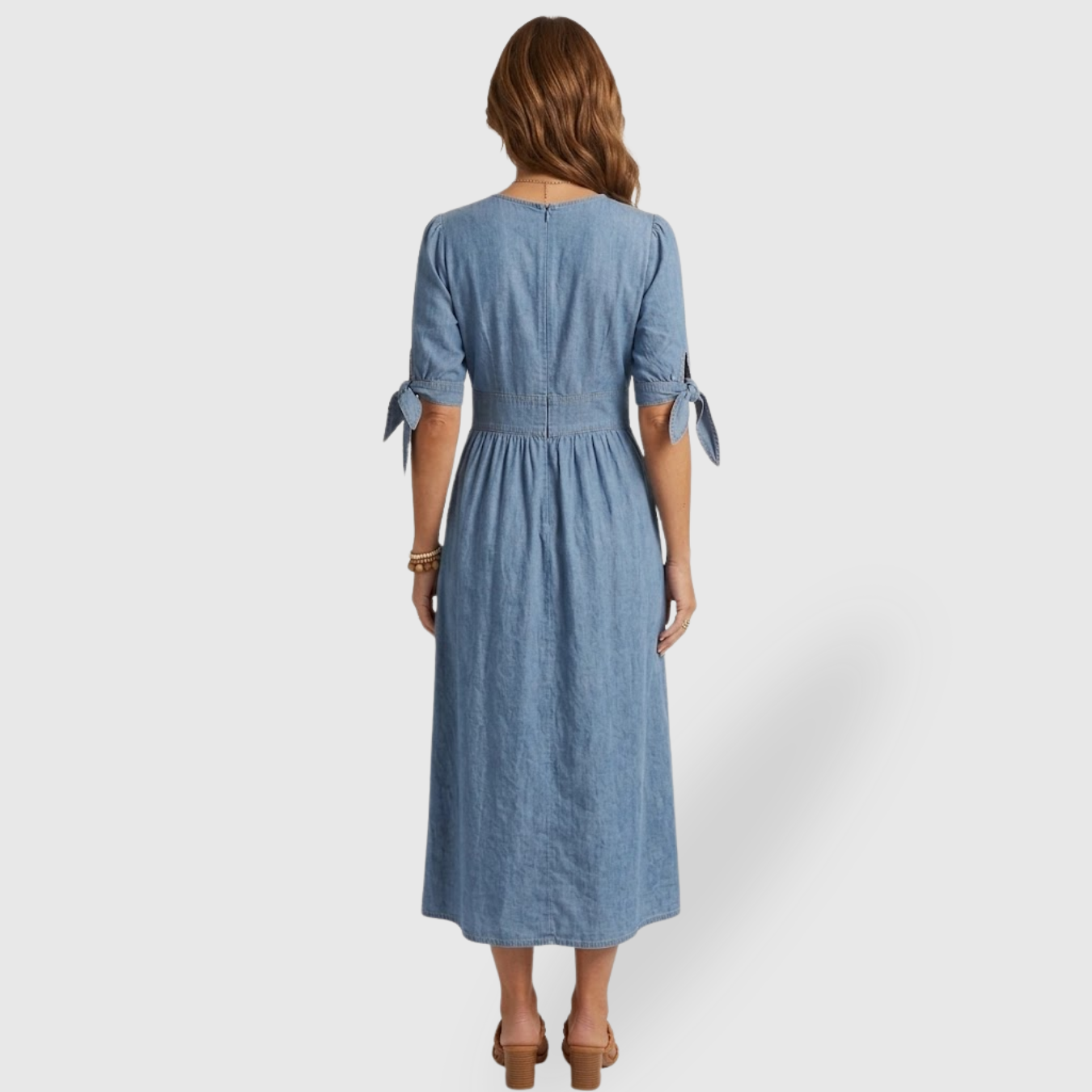 Robe longue en jean femme boutonnée col V manches 3/4 coupe évasée