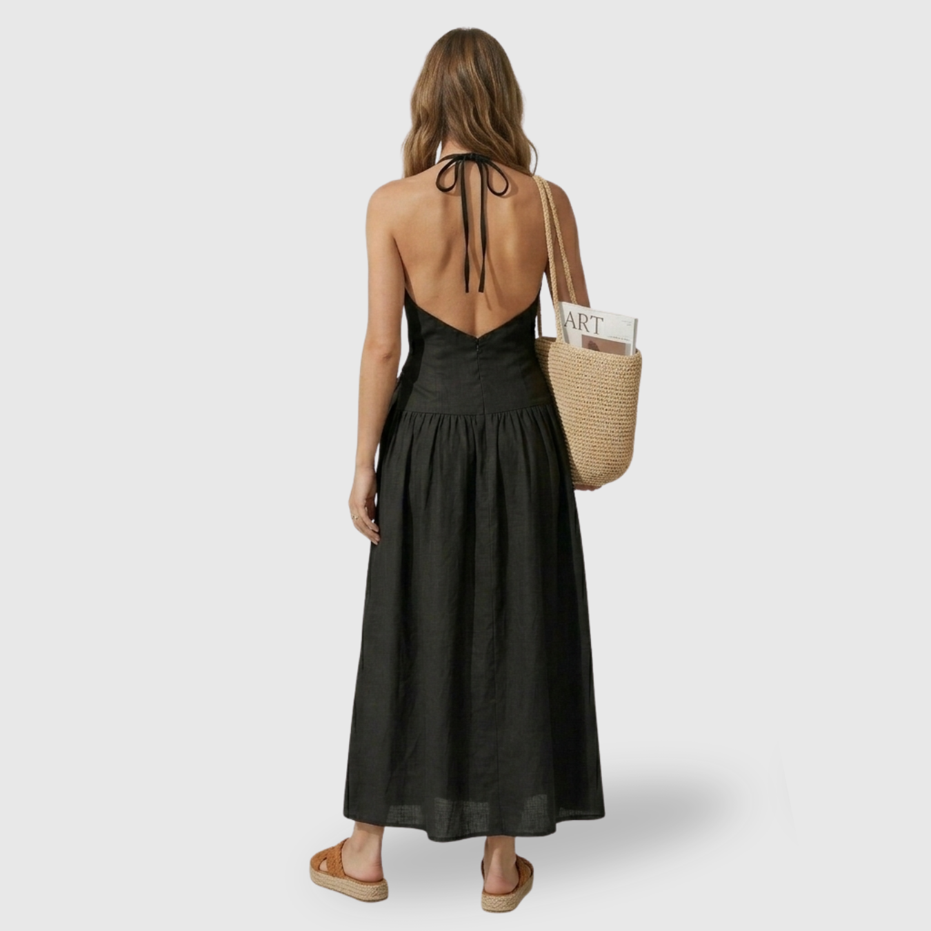 Robe longue femme en lin col en V manches courtes taille nouée coupe fluide