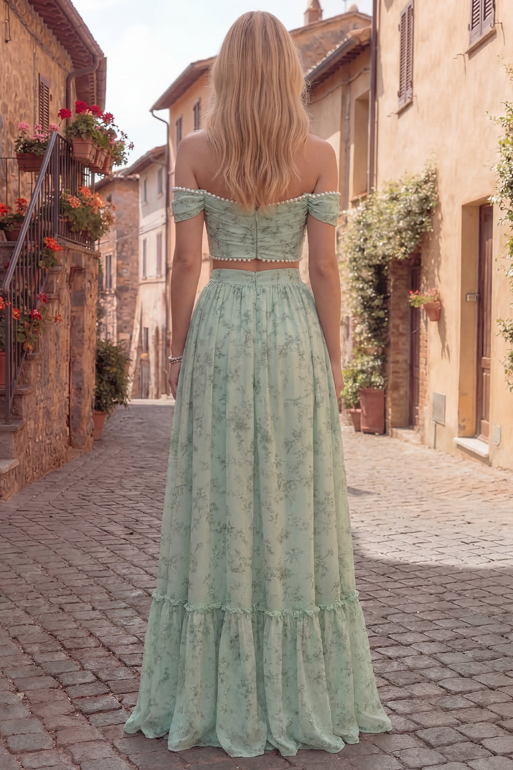 Robe de bal 2 pièces ligne A épaules dénudées perles femme