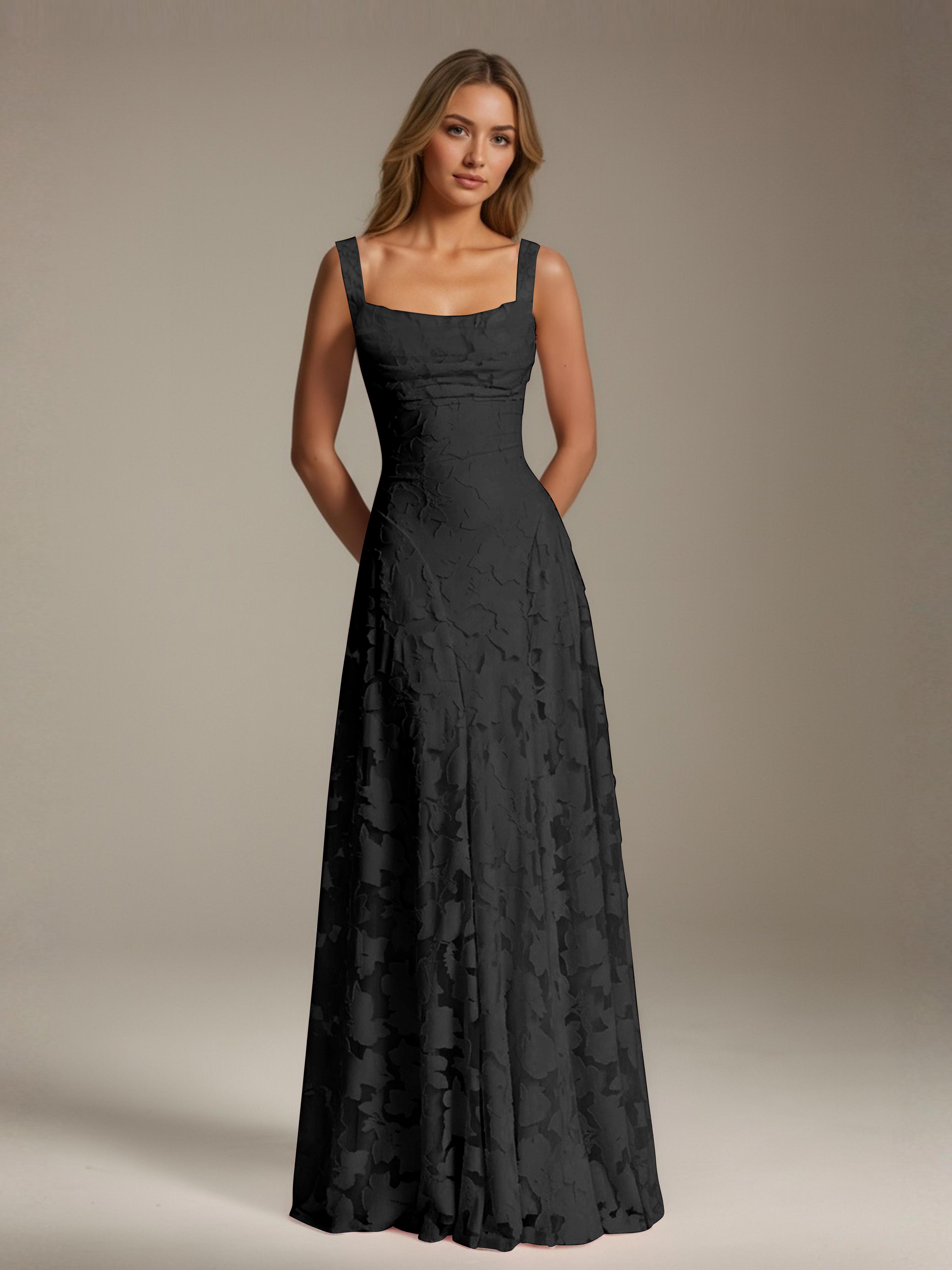 Robe de soirée A-line dentelle plissée col carré longueur sol