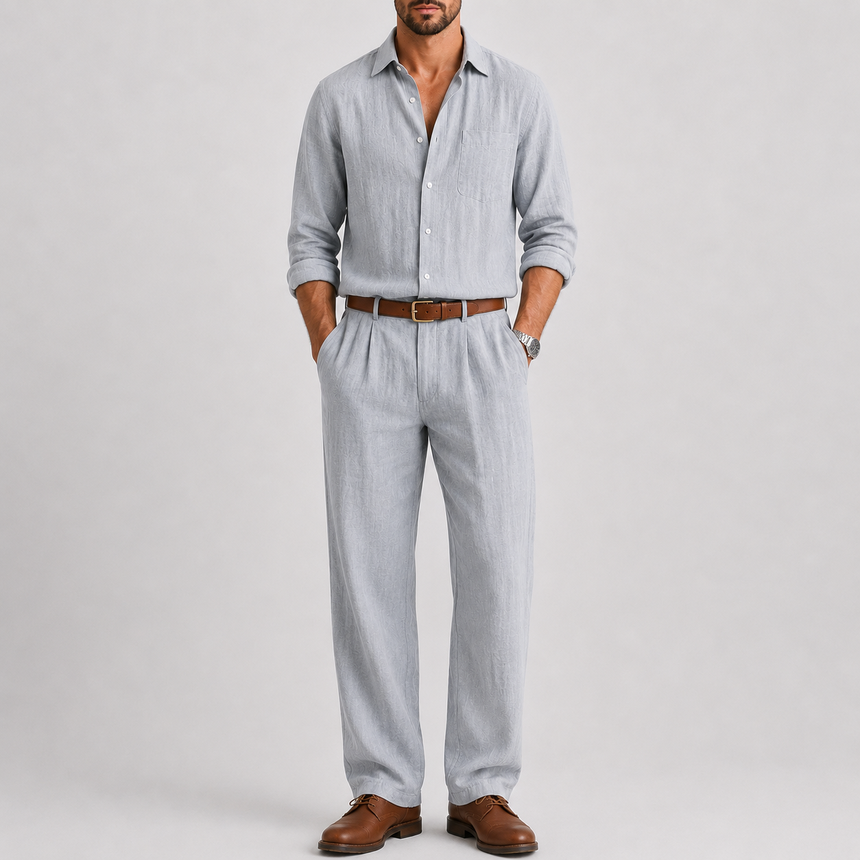 Ensemble Homme Chemise Pantalon Lin Col Mao Été Décontracté