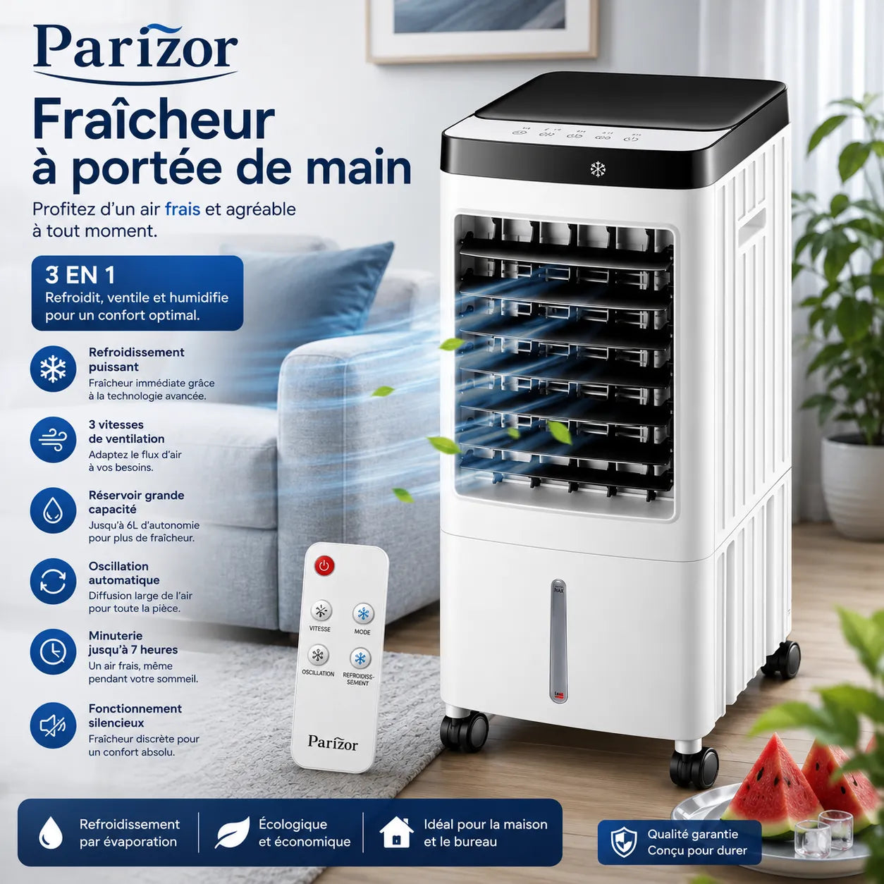 Climatiseur Mobile Sans Évacuation 10 L – Rafraîchisseur d'Air Silencieux avec Télécommande