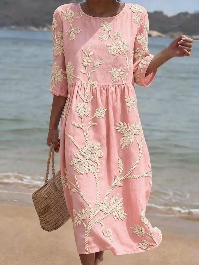 Robe Midi Femme Broderies Florales Col Rond Manches 3/4 Fluide