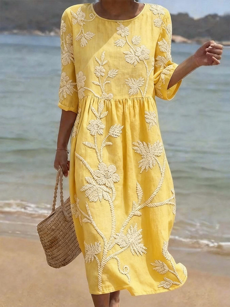 Robe Midi Femme Broderies Florales Col Rond Manches 3/4 Fluide