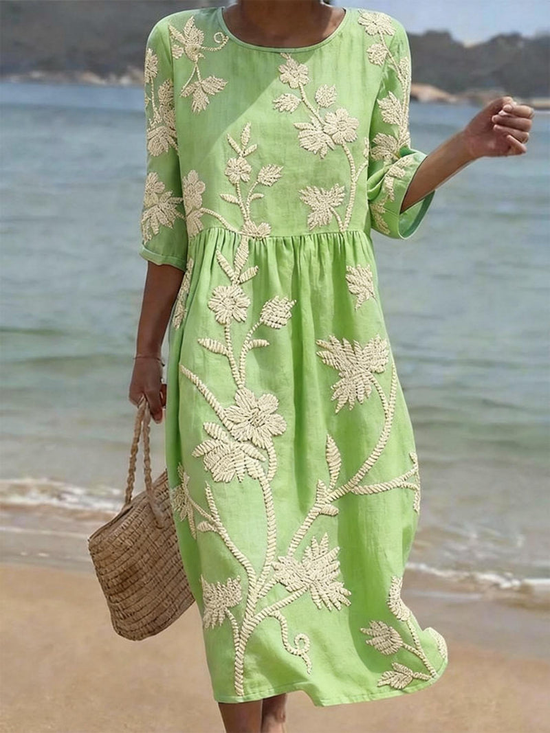 Robe Midi Femme Broderies Florales Col Rond Manches 3/4 Fluide