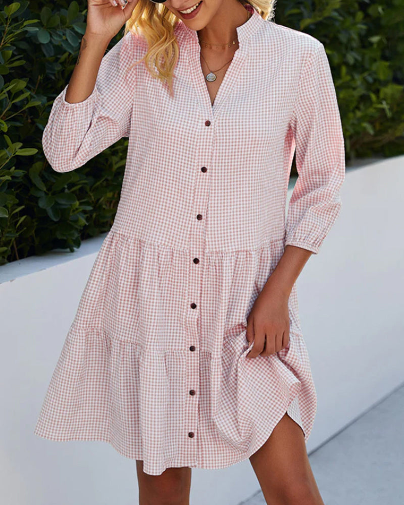 Robe Courte Femme A-Line Col V Boutons Manches 3/4 Légère