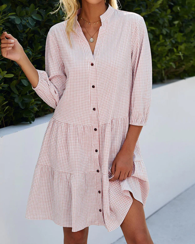 Robe Courte Femme A-Line Col V Boutons Manches 3/4 Légère