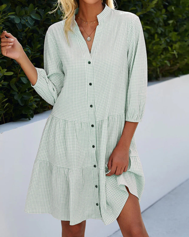 Robe Courte Femme A-Line Col V Boutons Manches 3/4 Légère