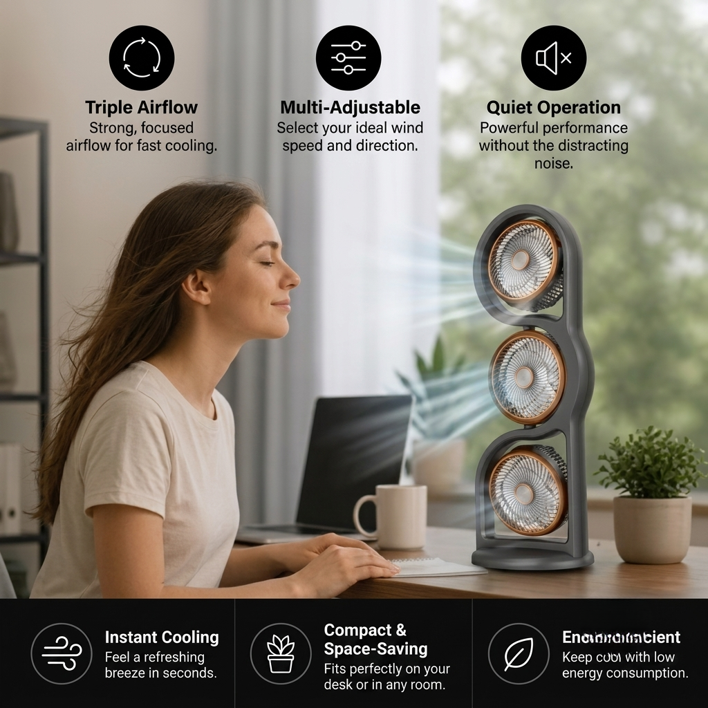 Ventilateur Portable à Trois Têtes Orientables