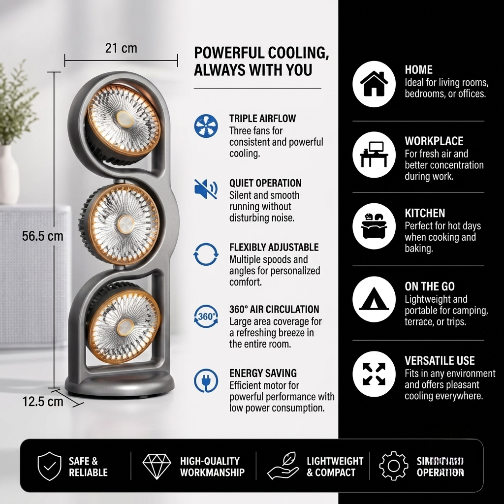 Ventilateur Portable à Trois Têtes Orientables