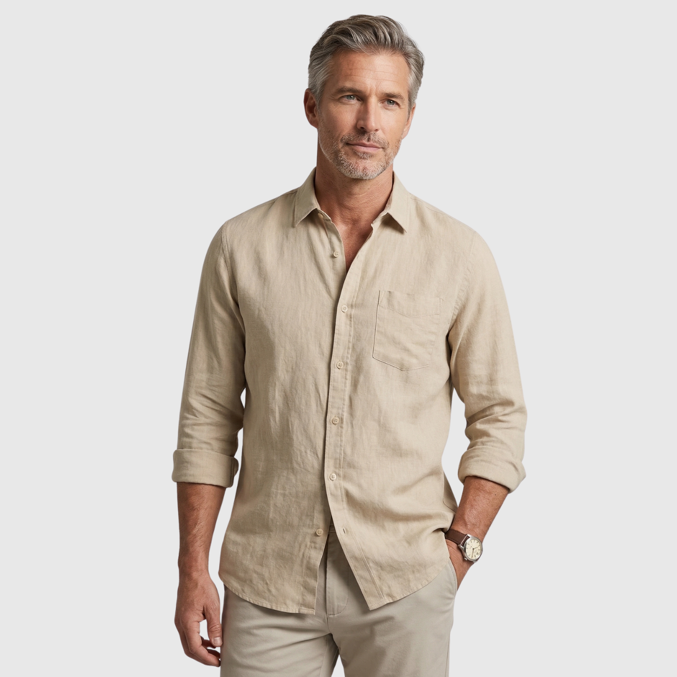 Chemise homme en lin manches longues col boutonné coupe légère été