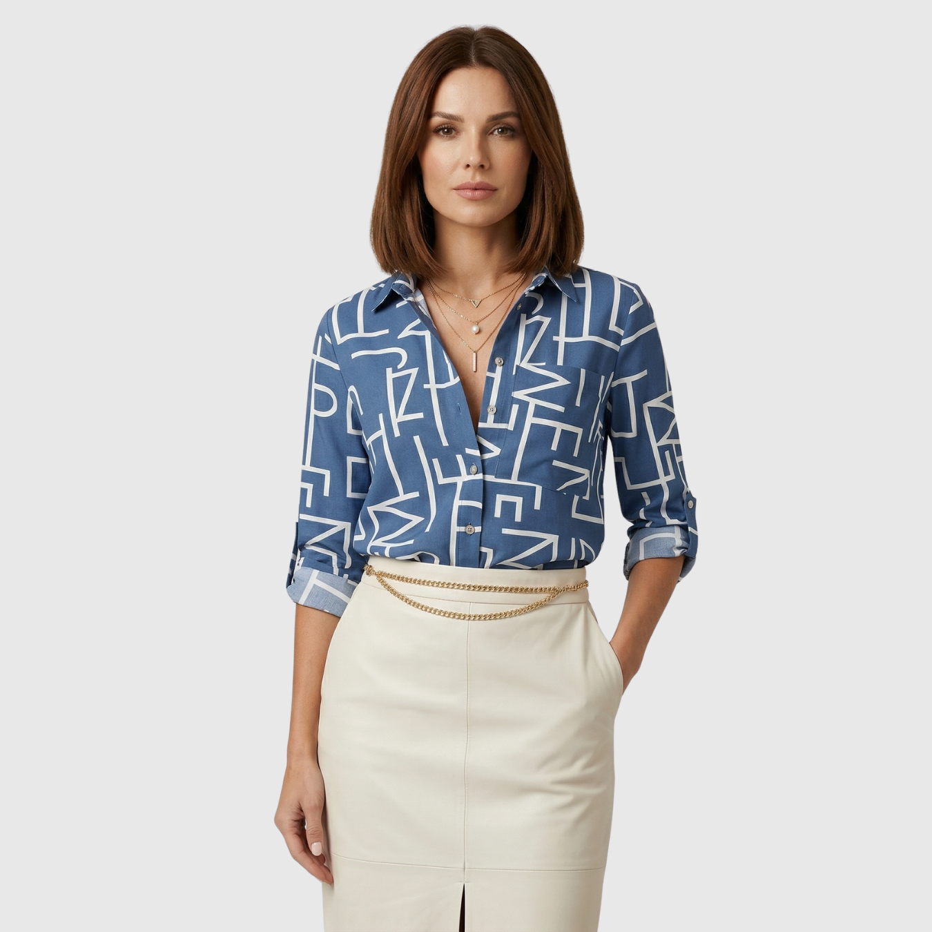 Chemisier femme manches longues imprimé col rabattu coupe fluide boutonné