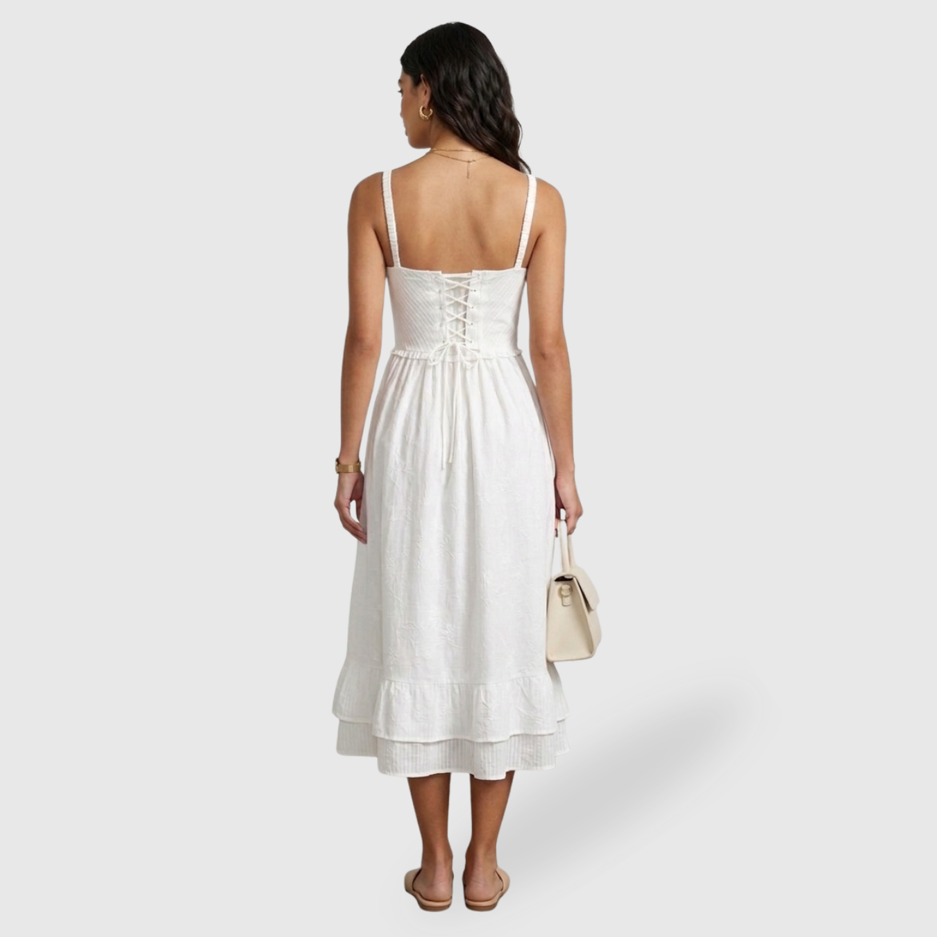 Robe midi femme à bretelles volantée coupe fluide été