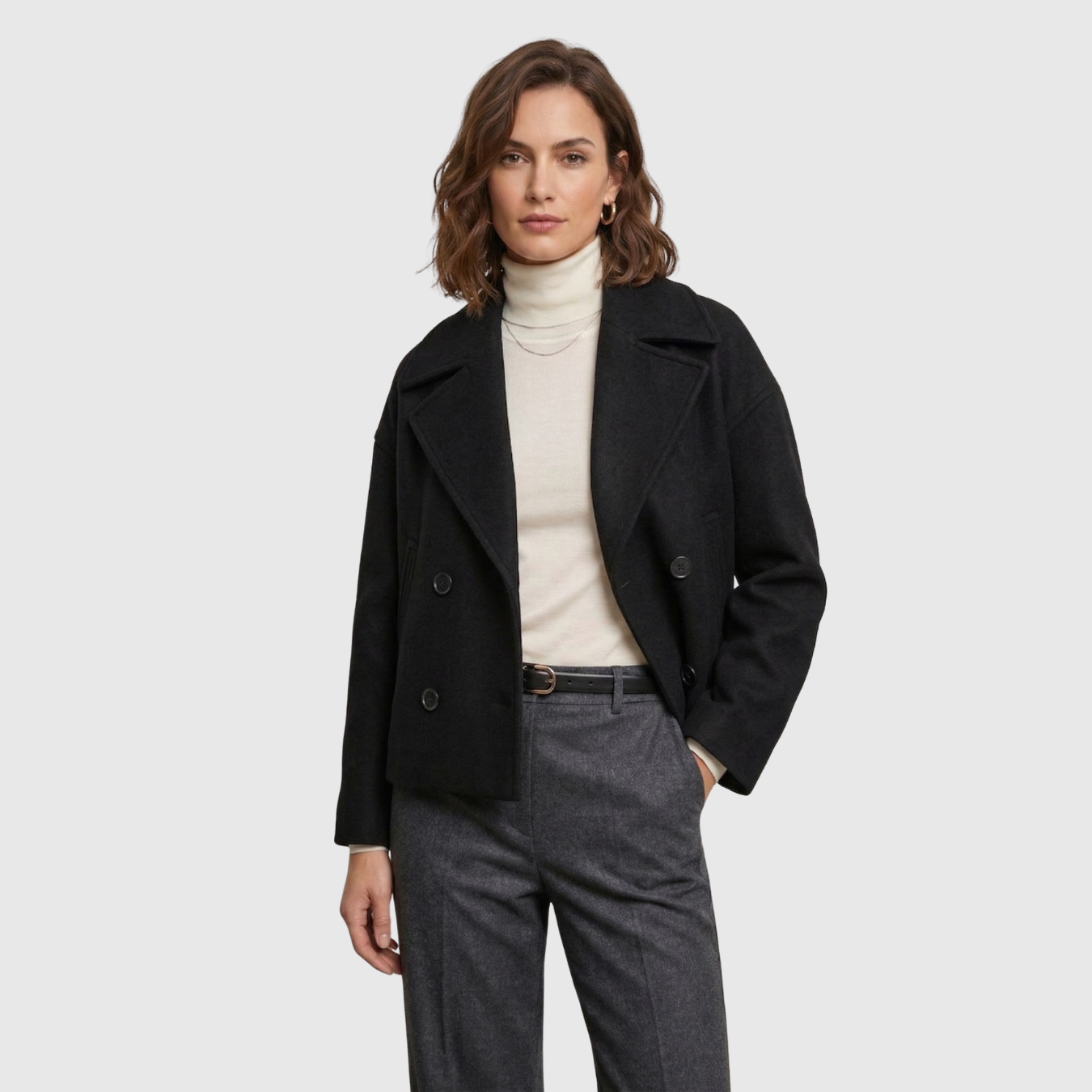 Manteau court femme croisé col large manches longues coupe droite