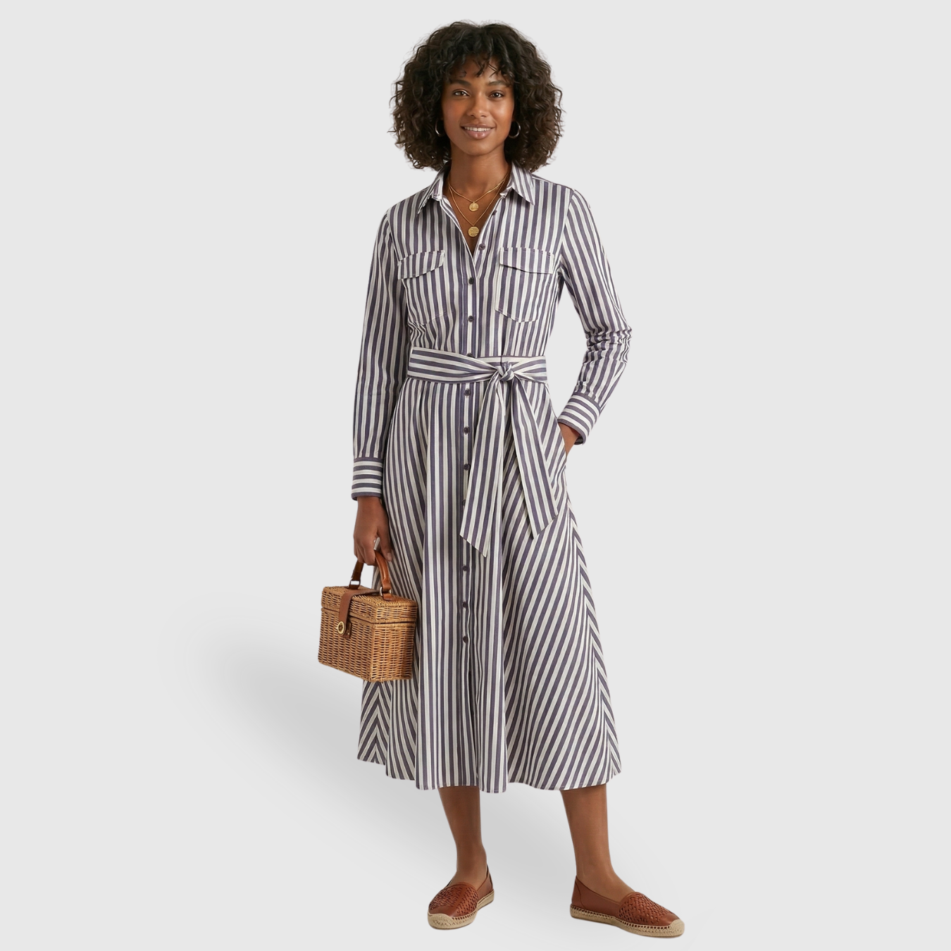 Robe chemise femme à rayures manches longues ceinturée col boutonné coupe fluide