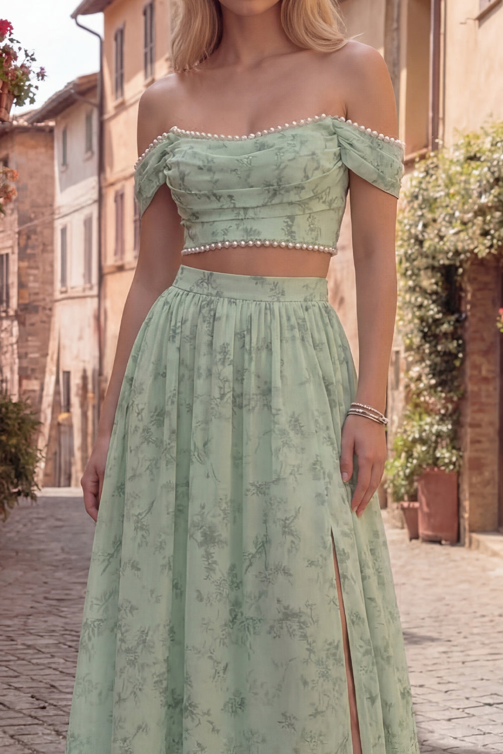 Robe de bal 2 pièces ligne A épaules dénudées perles femme