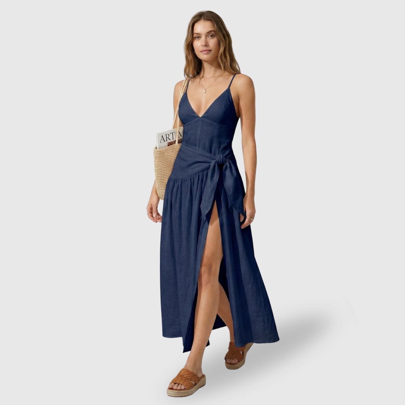 Robe longue femme en lin col en V manches courtes taille nouée coupe fluide