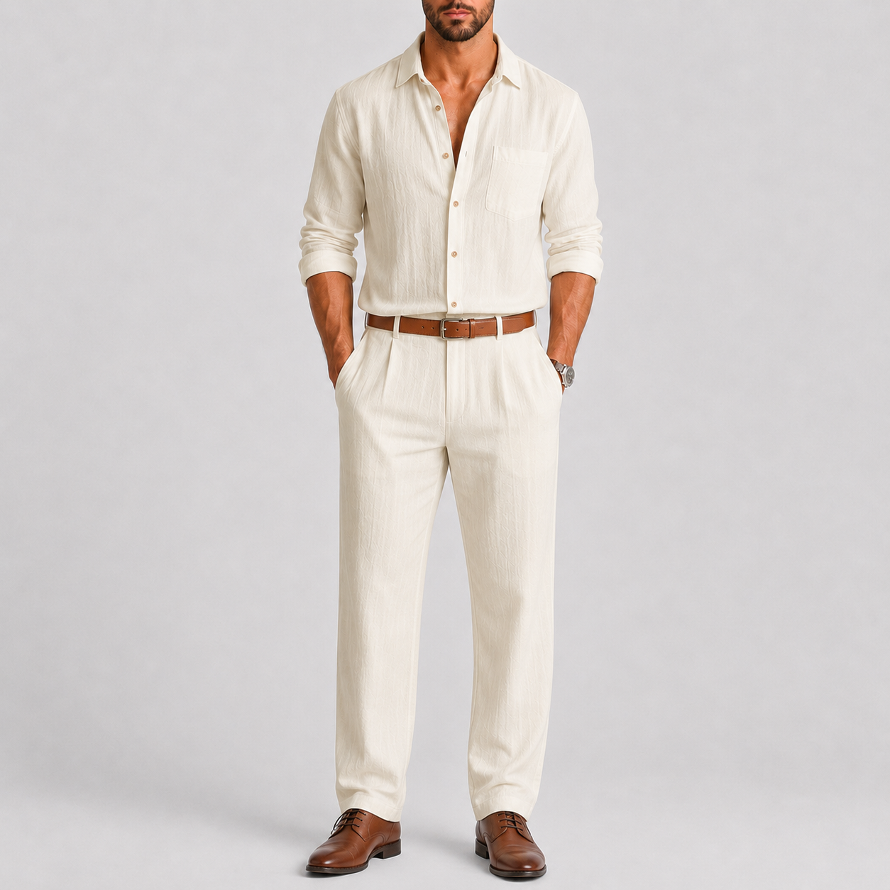 Ensemble Homme Chemise Pantalon Lin Col Mao Été Décontracté