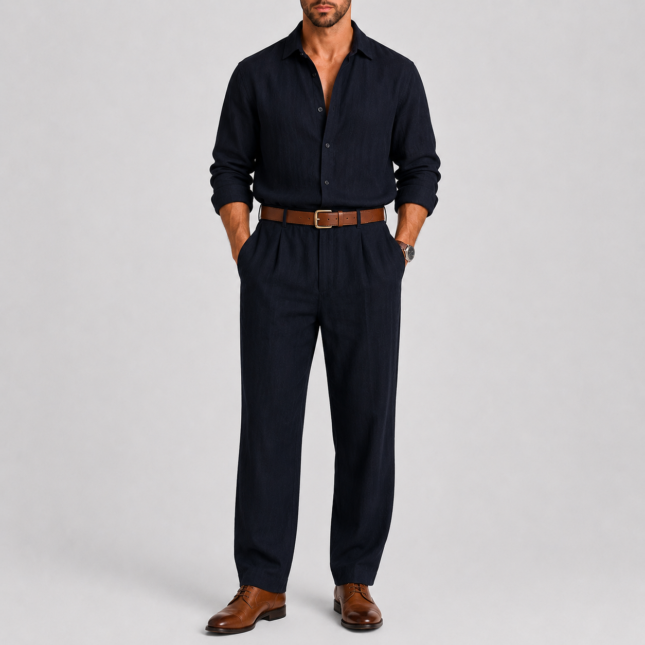 Ensemble Homme Chemise Pantalon Lin Col Mao Été Décontracté
