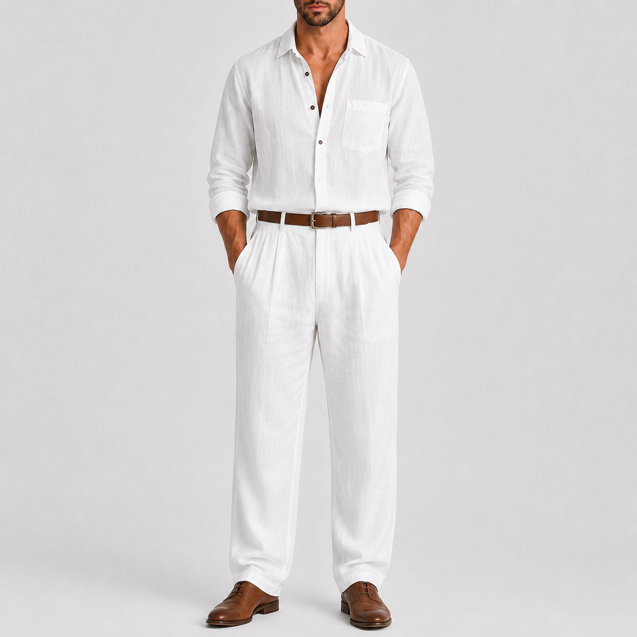 Ensemble Homme Chemise Pantalon Lin Col Mao Été Décontracté