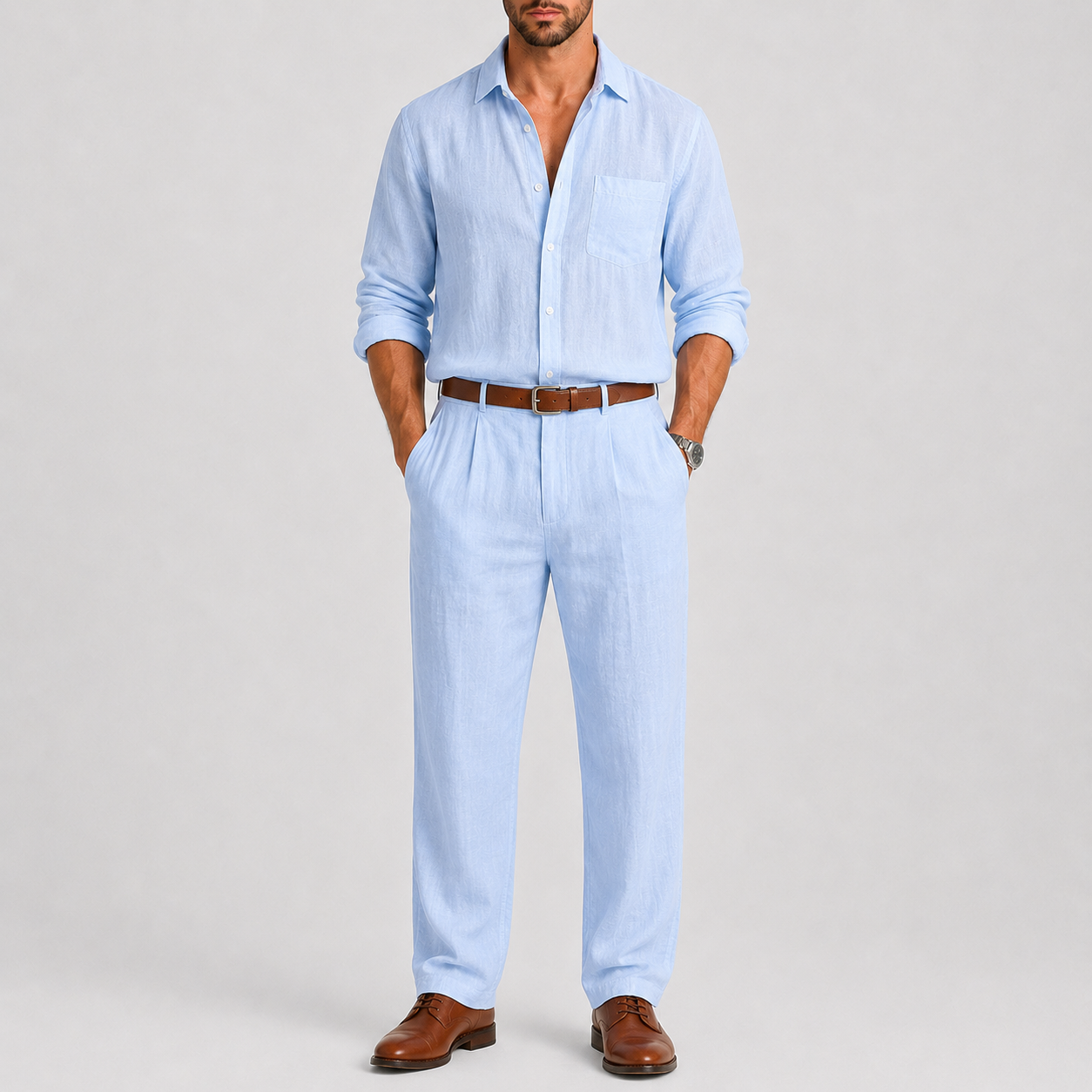 Ensemble Homme Chemise Pantalon Lin Col Mao Été Décontracté