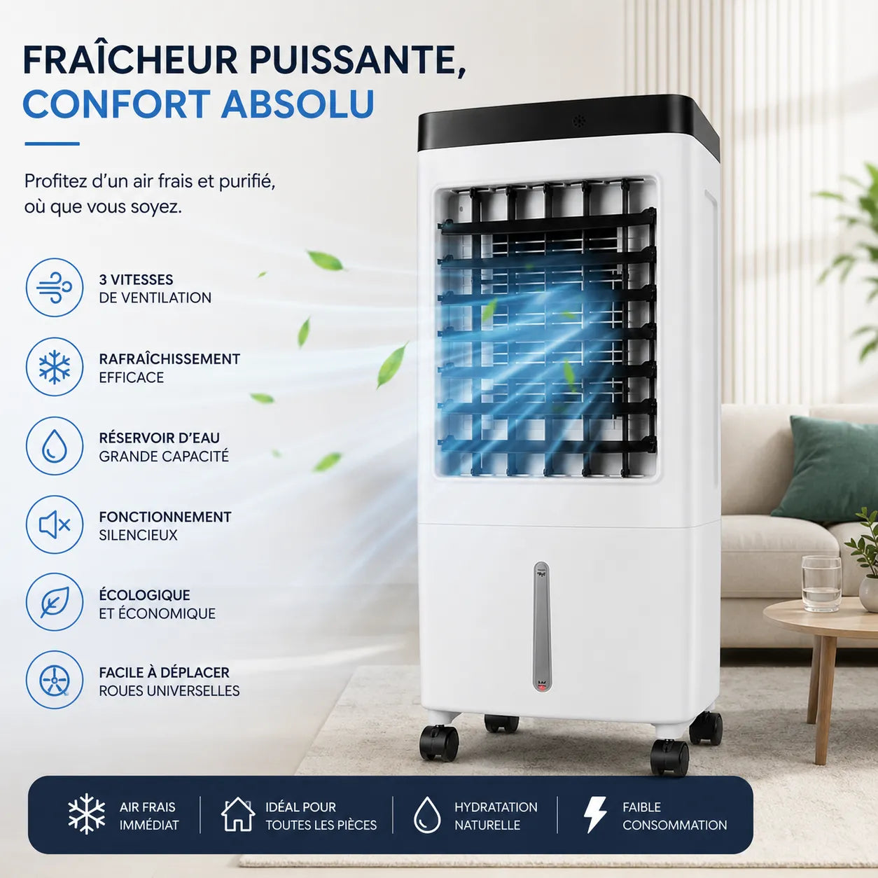 Climatiseur Mobile Sans Évacuation 10 L – Rafraîchisseur d'Air Silencieux avec Télécommande