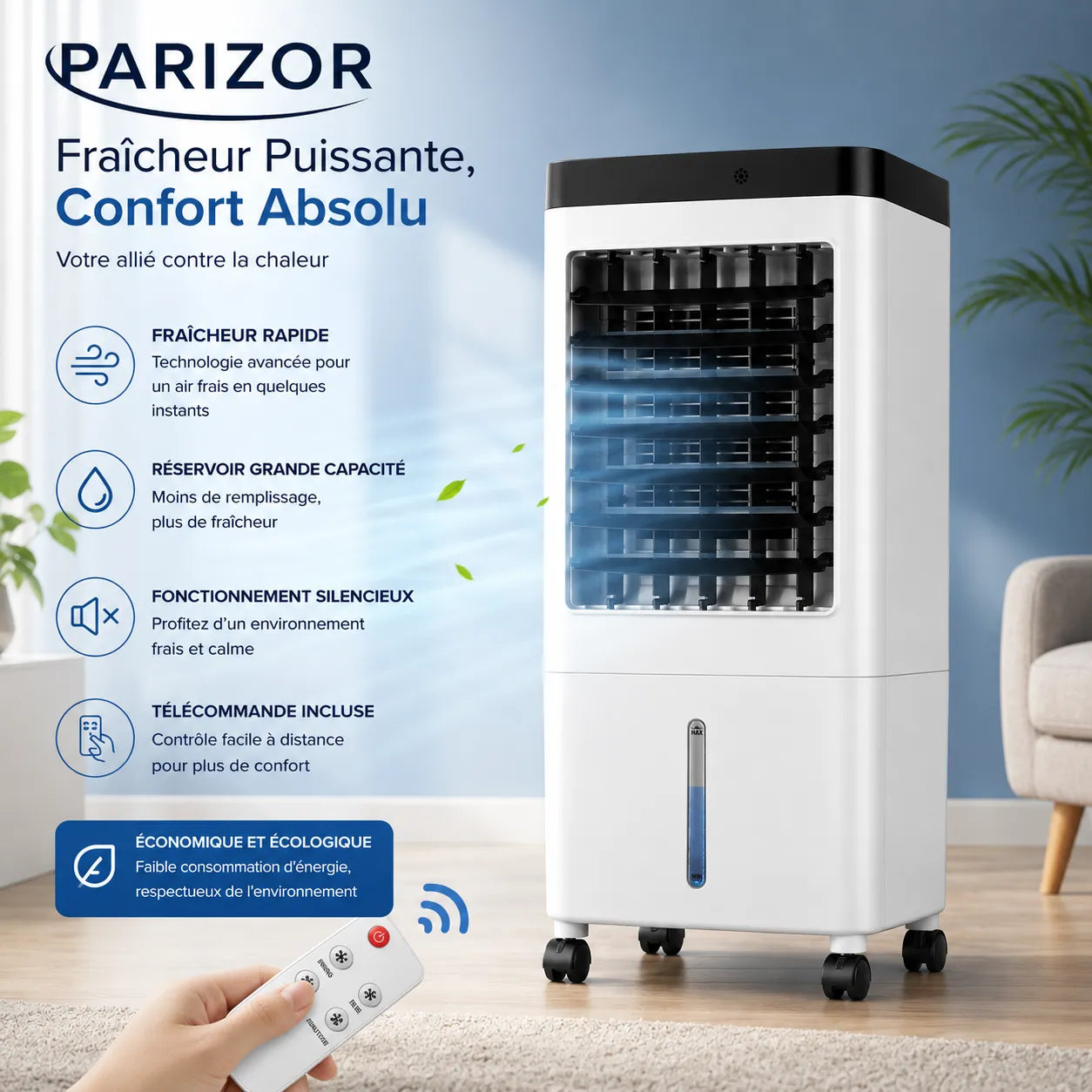 Climatiseur Mobile Sans Évacuation 10 L – Rafraîchisseur d'Air Silencieux avec Télécommande