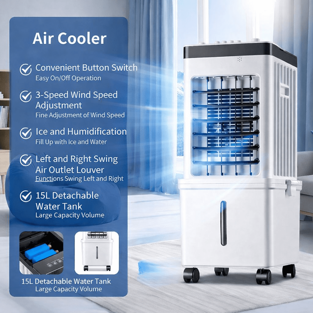 Climatiseur Mobile Sans Évacuation 3-en-1 – Rafraîchisseur d'Air sur Roulettes avec Télécommande