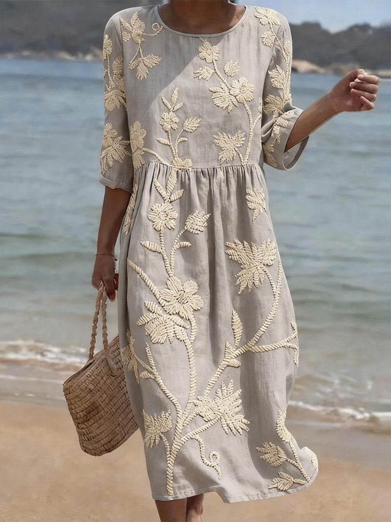 Robe Midi Femme Broderies Florales Col Rond Manches 3/4 Fluide