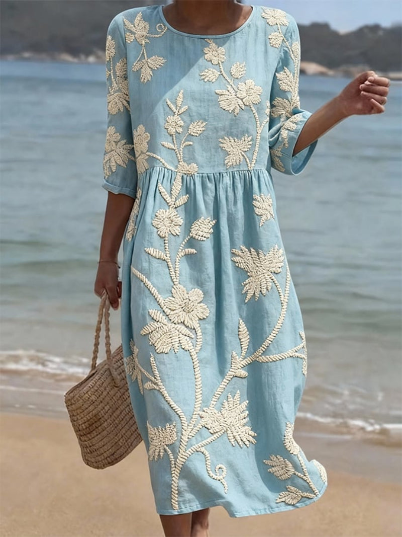 Robe Midi Femme Broderies Florales Col Rond Manches 3/4 Fluide