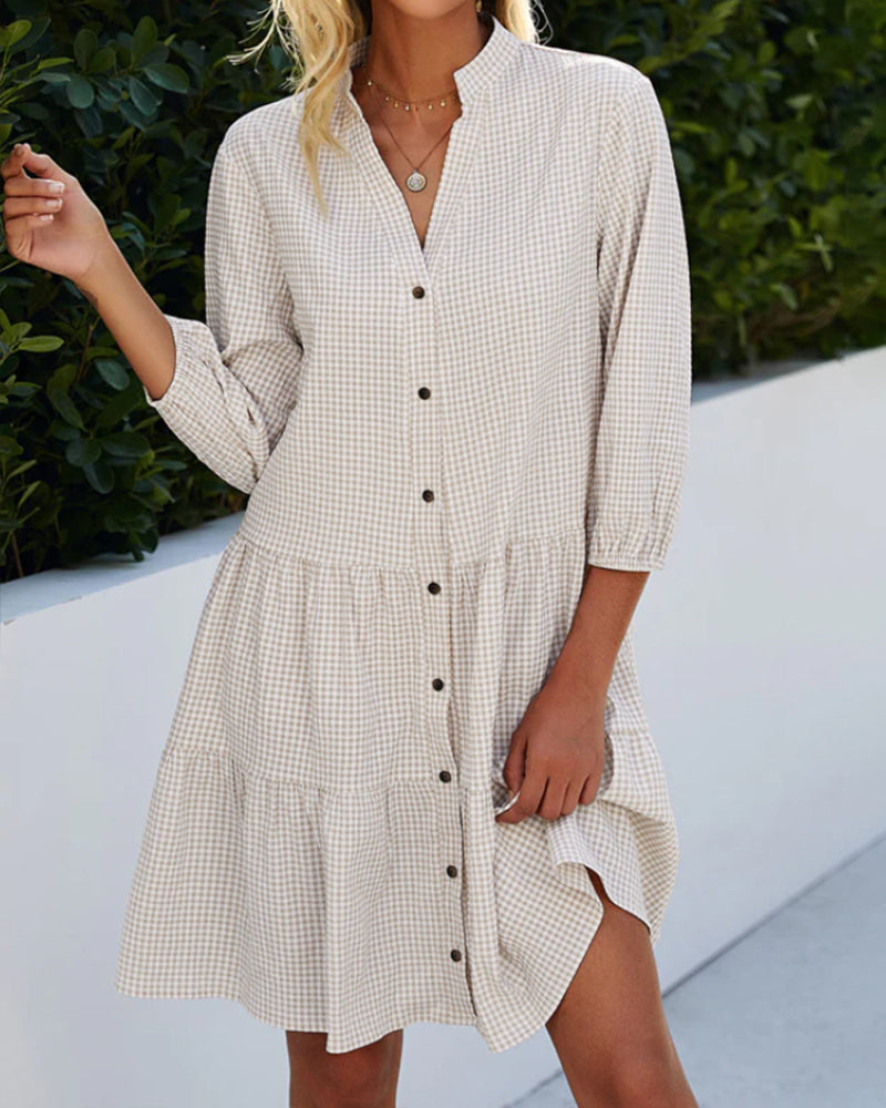 Robe Courte Femme A-Line Col V Boutons Manches 3/4 Légère