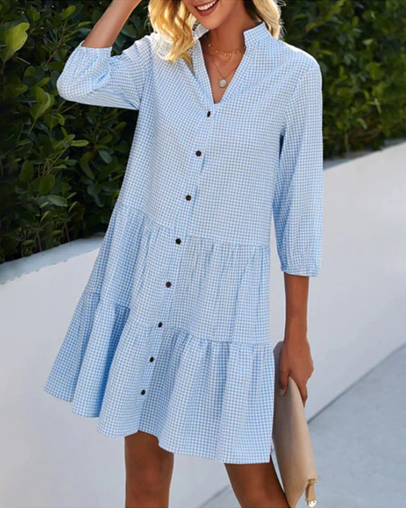 Robe Courte Femme A-Line Col V Boutons Manches 3/4 Légère