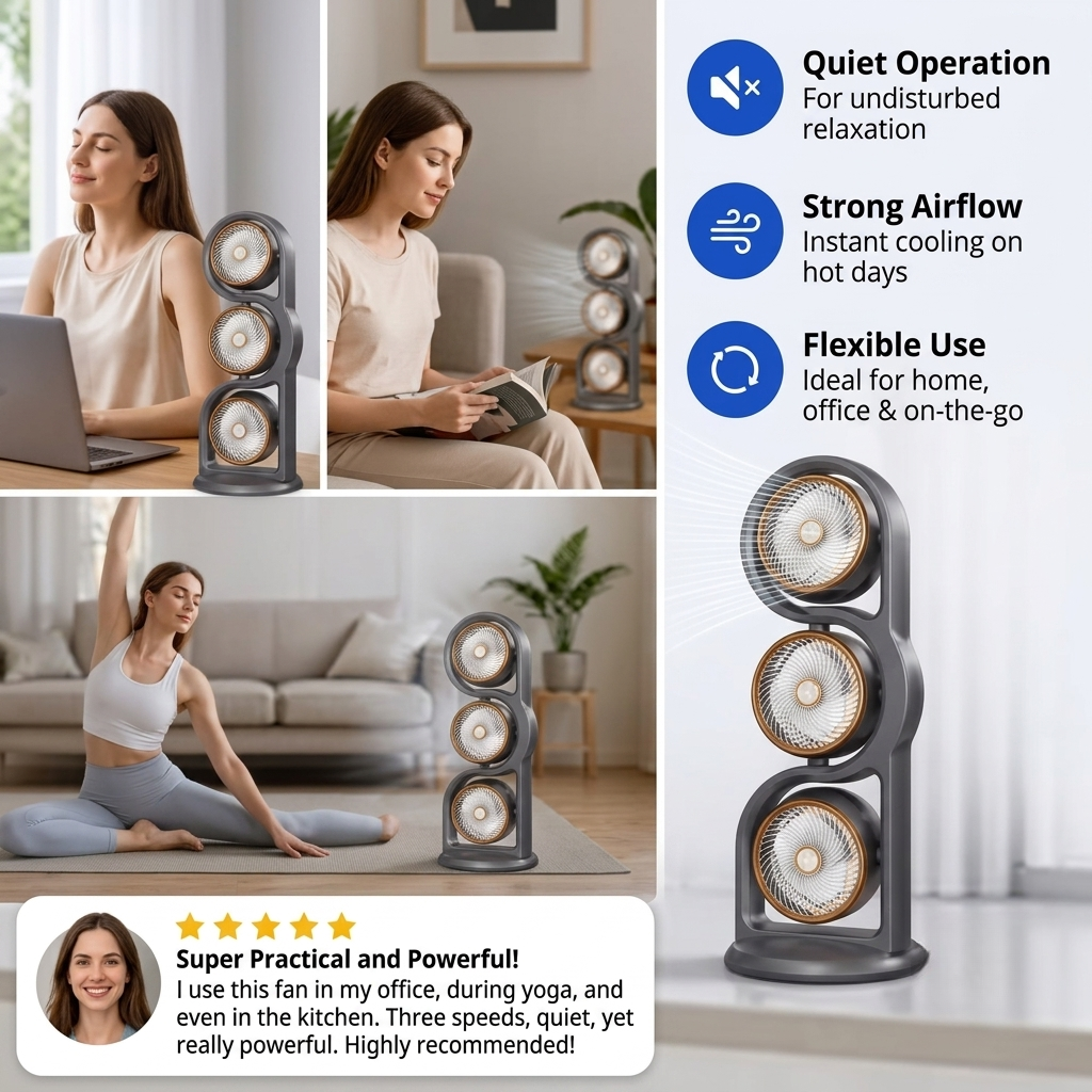 Ventilateur Portable à Trois Têtes Orientables