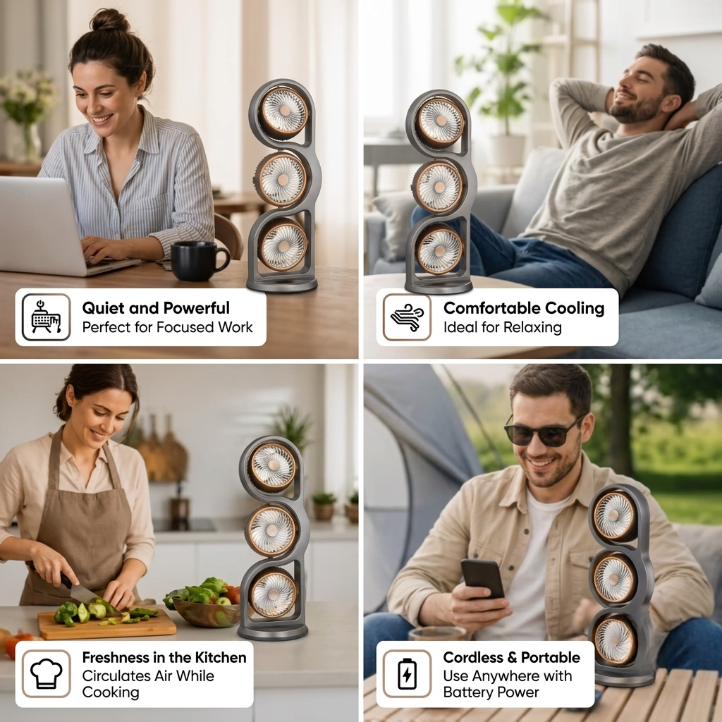 Ventilateur Portable à Trois Têtes Orientables